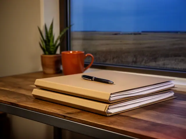 A neat stack of closed manila folders and a pen on a desk by a window.