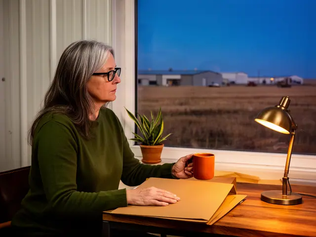 A woman with long gray-streaked brown hair and black-framed glasses at a desk with a folder and a mug in a small back office.