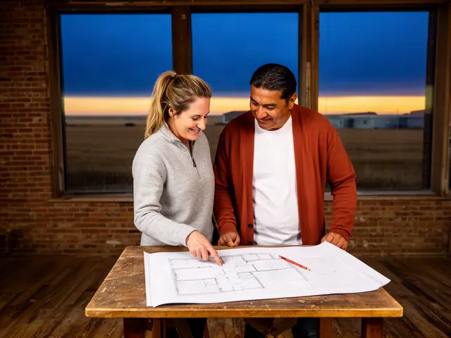Two business partners looking over a pencil floor sketch in an empty storefront.