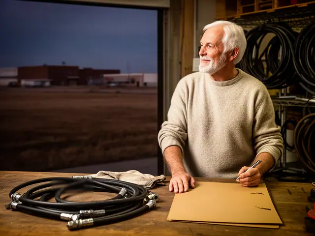A man with short white hair at a work table with a closed folder in a small hydraulic-hose repair shop.
